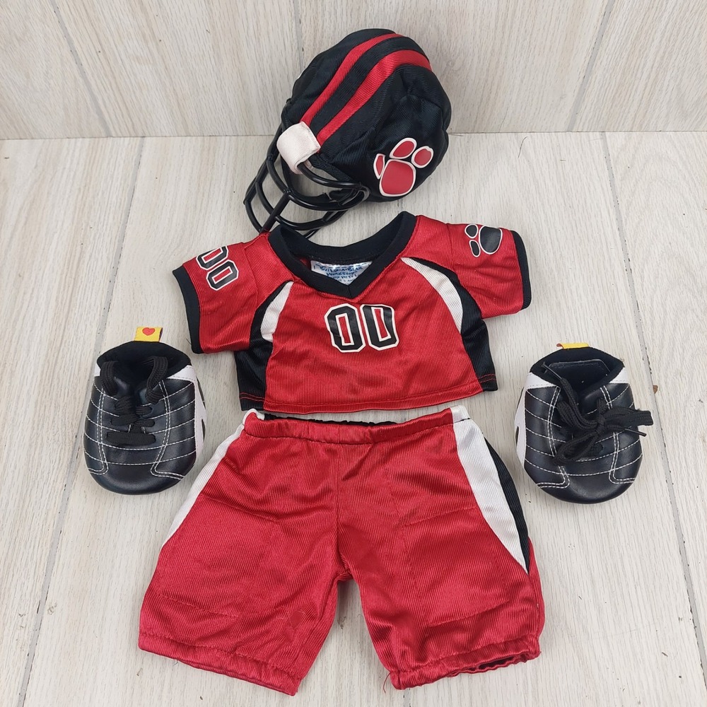 Build-A-Bear Football Uniform Set Unisex OS Red Black Jersey Helmet Cleats 4pc